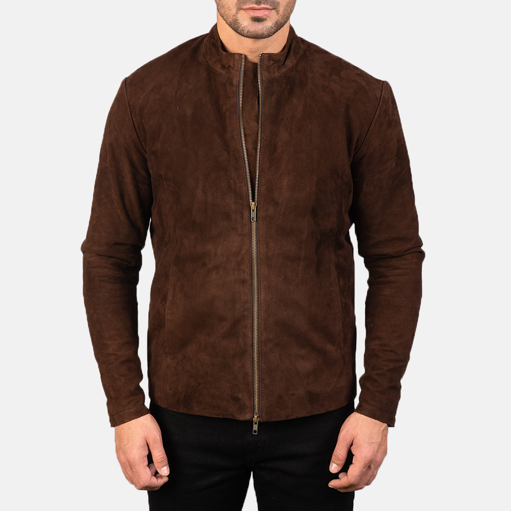 Dettaglio ravvicinato of Mandarin &amp; Zipper with Dual Puller Hardware on Men's Charcoal Mocha Suede Giacca Biker in Pelle da Uomo