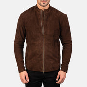 Dettaglio ravvicinato of Mandarin &amp; Zipper with Dual Puller Hardware on Men's Charcoal Mocha Suede Giacca Biker in Pelle da Uomo