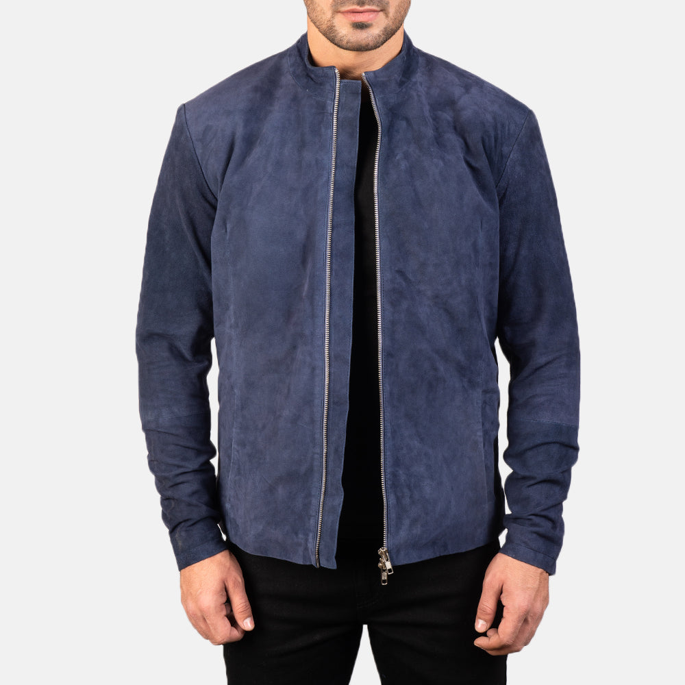 Men's Charcoal Navy Blu Suede Giacca Biker in Pelle da Uomo in Navy Blue Goatskin Suede - Vista frontale e linea su misura | Acquista online