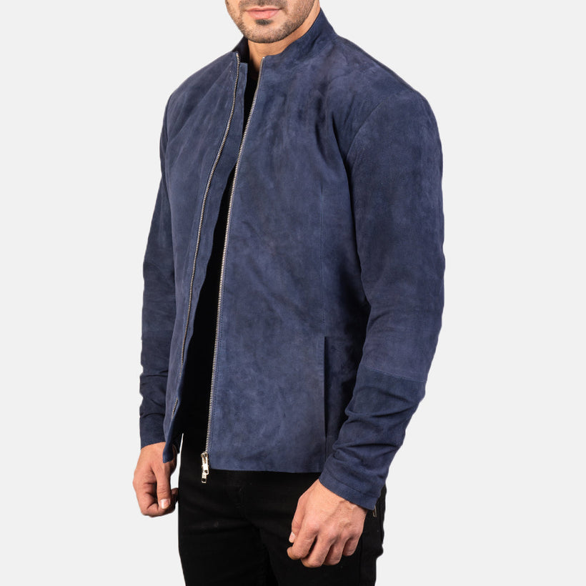 Charcoal Navy Blu Suede Giacca Biker in Pelle da Uomo