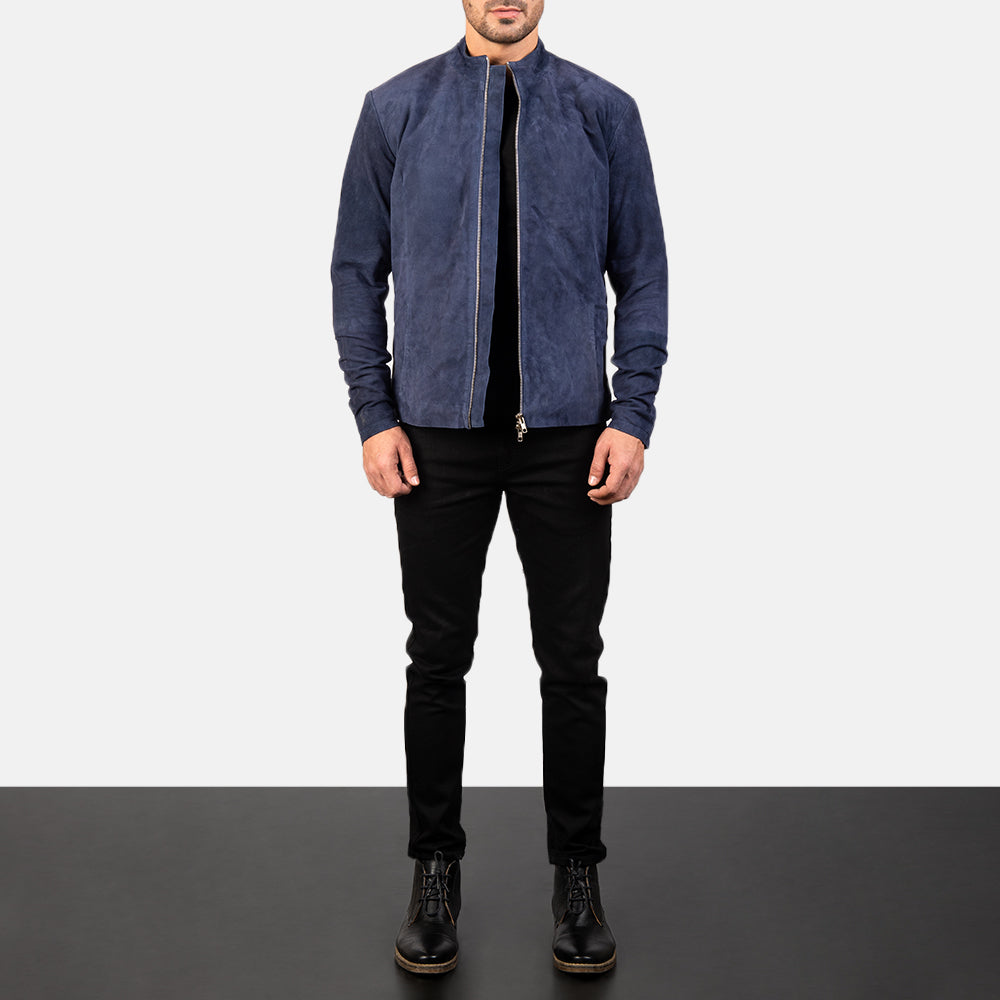 Men's Charcoal Navy Blu Suede Giacca Biker in Pelle da Uomo - Lateral Side Profile View Showing Sleeve Cut &amp; Athletic Taper Fit