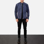 Men's Charcoal Navy Blu Suede Giacca Biker in Pelle da Uomo - Lateral Side Profile View Showing Sleeve Cut &amp; Athletic Taper Fit