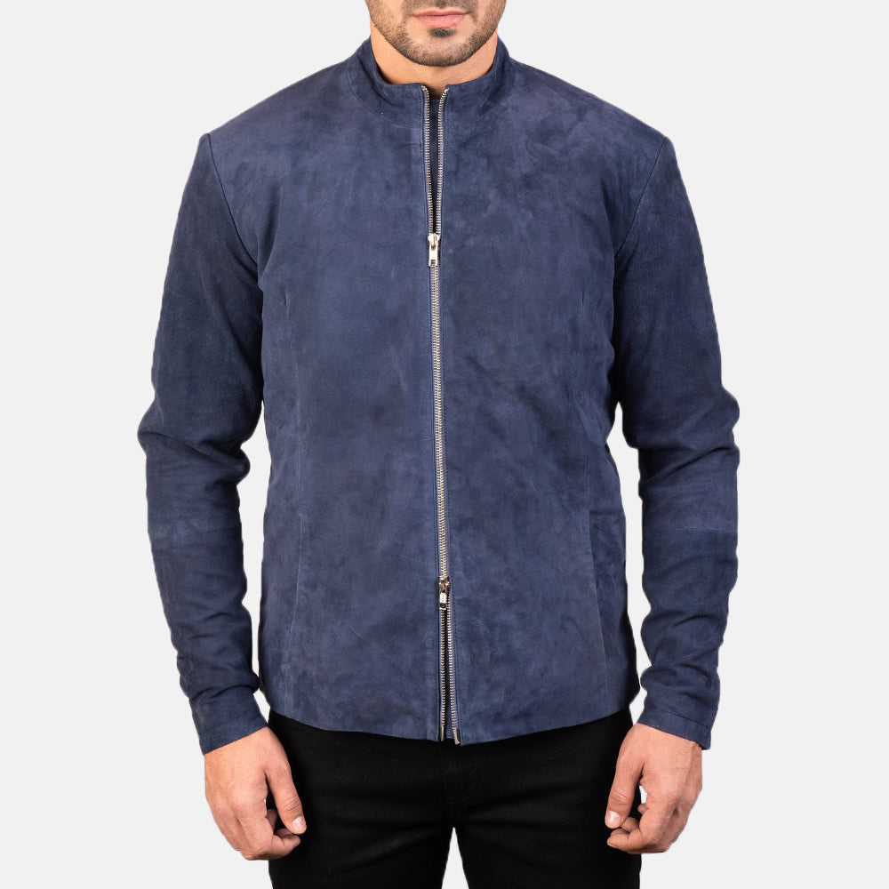 Dettaglio ravvicinato of Mandarin &amp; Zipper with Dual Puller Hardware on Men's Charcoal Navy Blu Suede Giacca Biker in Pelle da Uomo