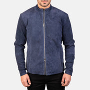 Dettaglio ravvicinato of Mandarin &amp; Zipper with Dual Puller Hardware on Men's Charcoal Navy Blu Suede Giacca Biker in Pelle da Uomo