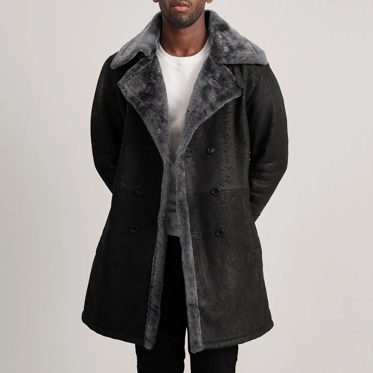 Charles Brown Suede Leather Shearling Double-Breasted Coat in Brown Goatskin Suede - Vista frontale e linea su misura | Acquista online