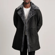 Charles Brown Suede Leather Shearling Double-Breasted Coat in Brown Goatskin Suede - Vista frontale e linea su misura | Acquista online