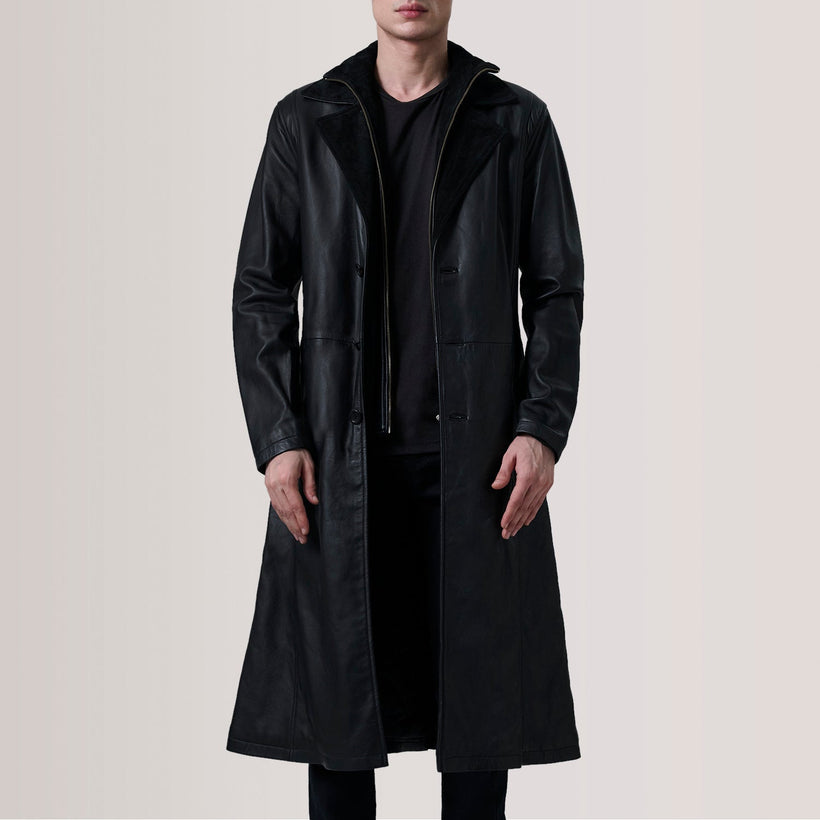 Charlton Nero Leather Single Breasted Cappotto in Pelle da Uomo