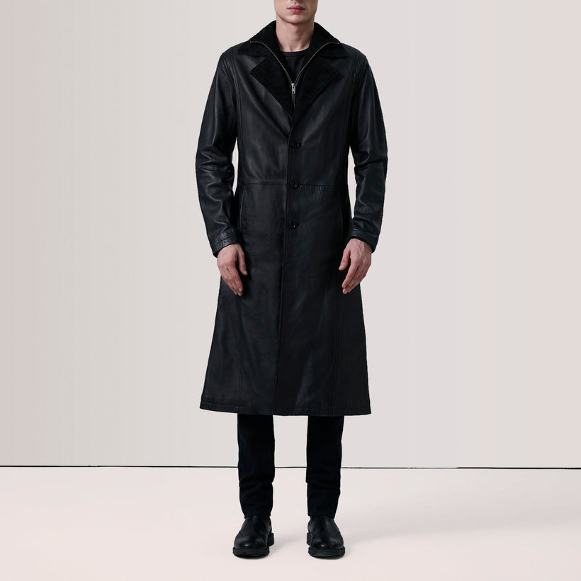 Charlton Nero Leather Single Breasted Cappotto in Pelle da Uomo