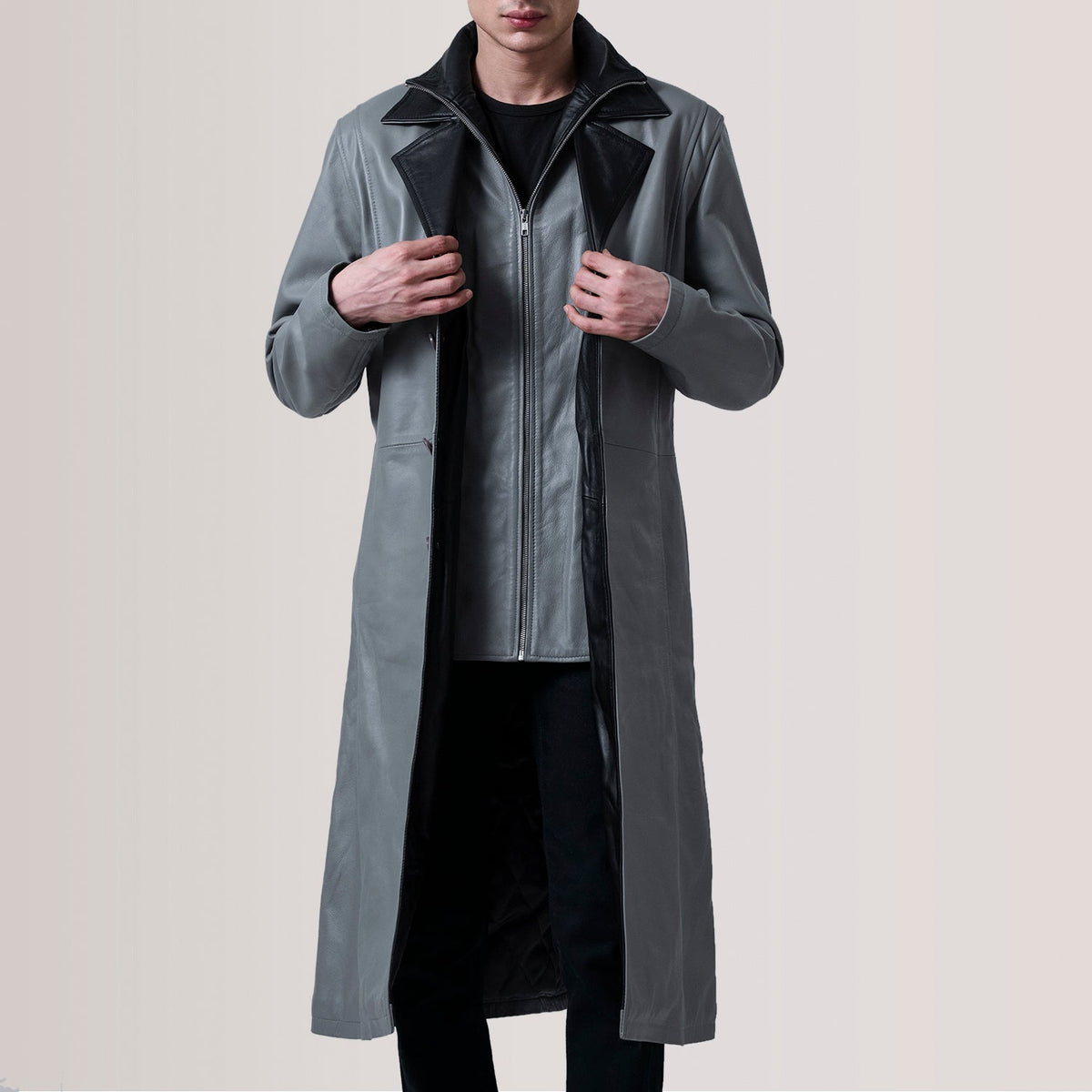 
Charlton Grigio Leather Single Breasted Cappotto in Pelle da Uomo For Men in Grey Sheepskin Leather - Vista frontale e silhouette sartoriale | Acquista online