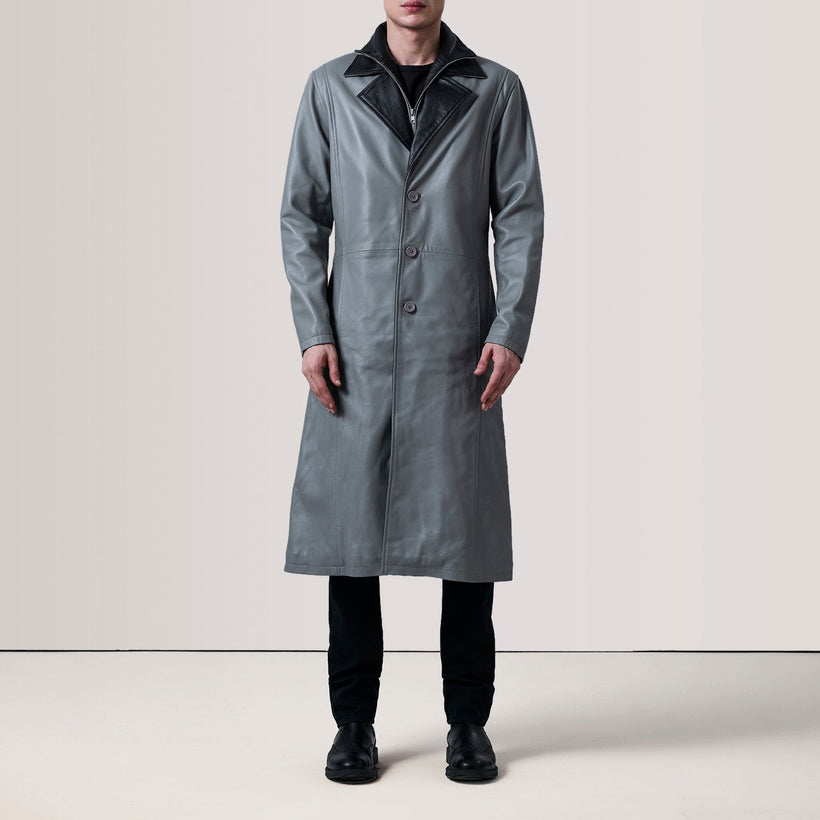 Charlton Grigio Leather Single Breasted Cappotto in Pelle da Uomo