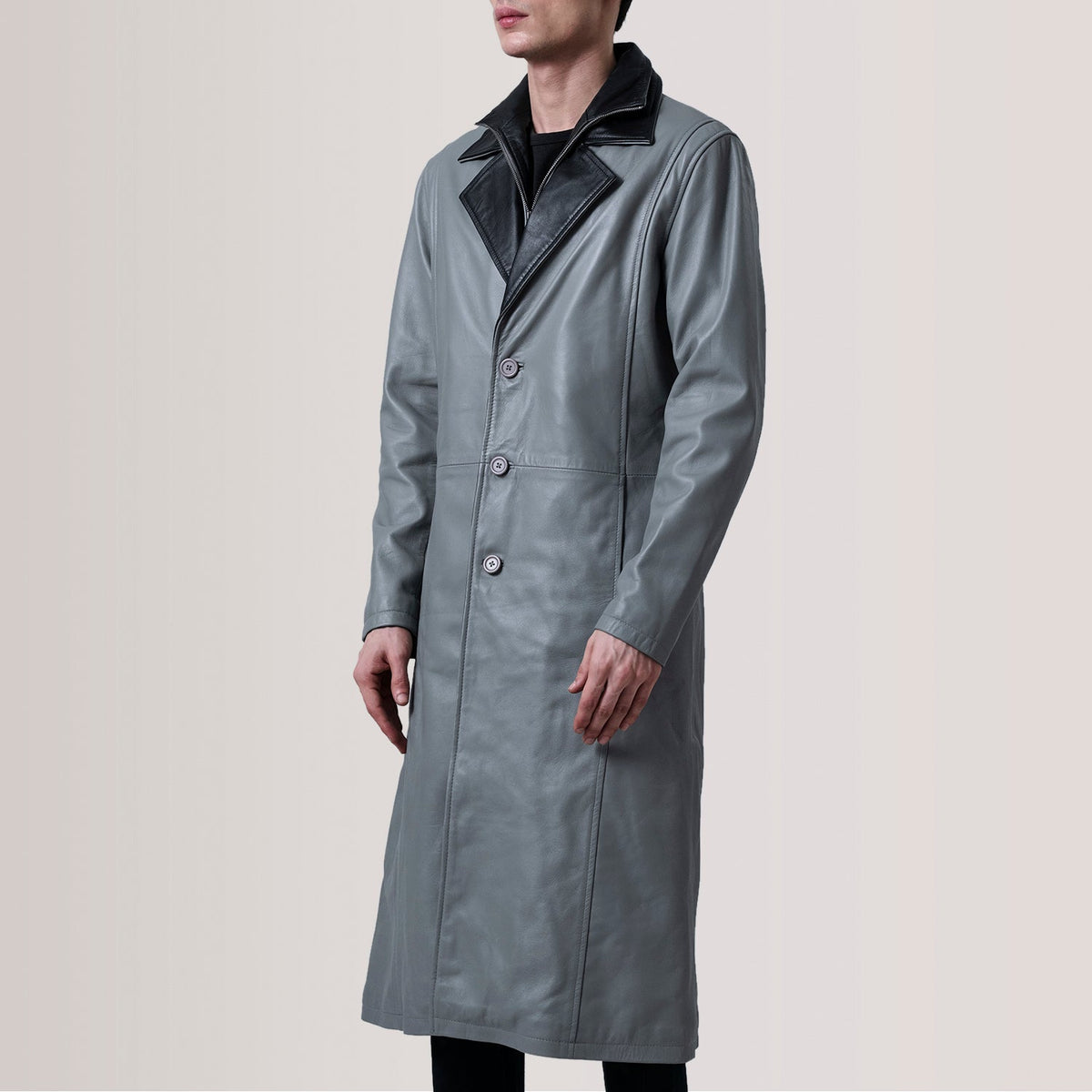 Charlton Grey Leather Single Breasted Coat For Men - Lateral Side Profile View Showing Sleeve Cut & Athletic Taper Fit