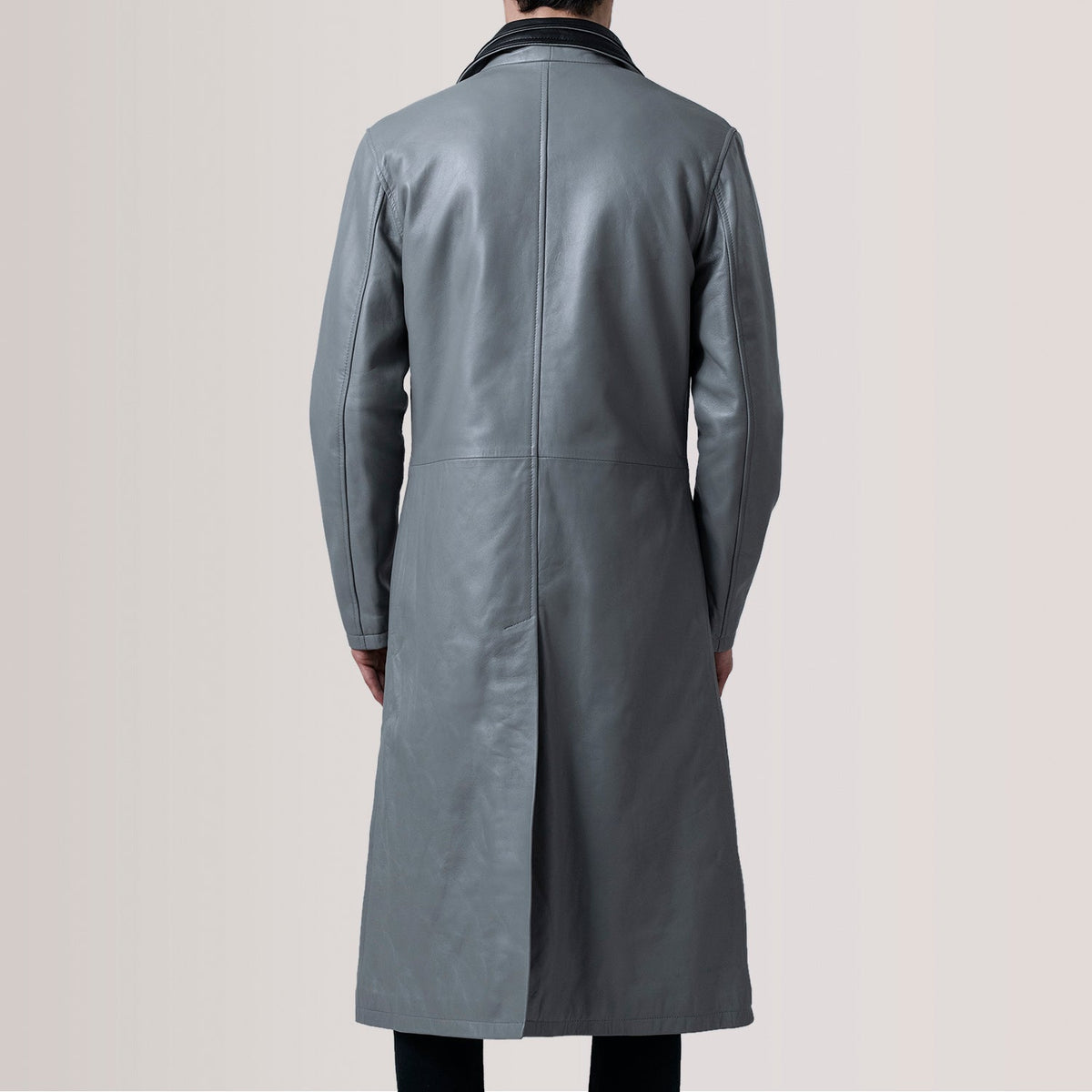 Close-Up Detail of Notch & Button Hardware on Charlton Grey Leather Single Breasted Coat For Men