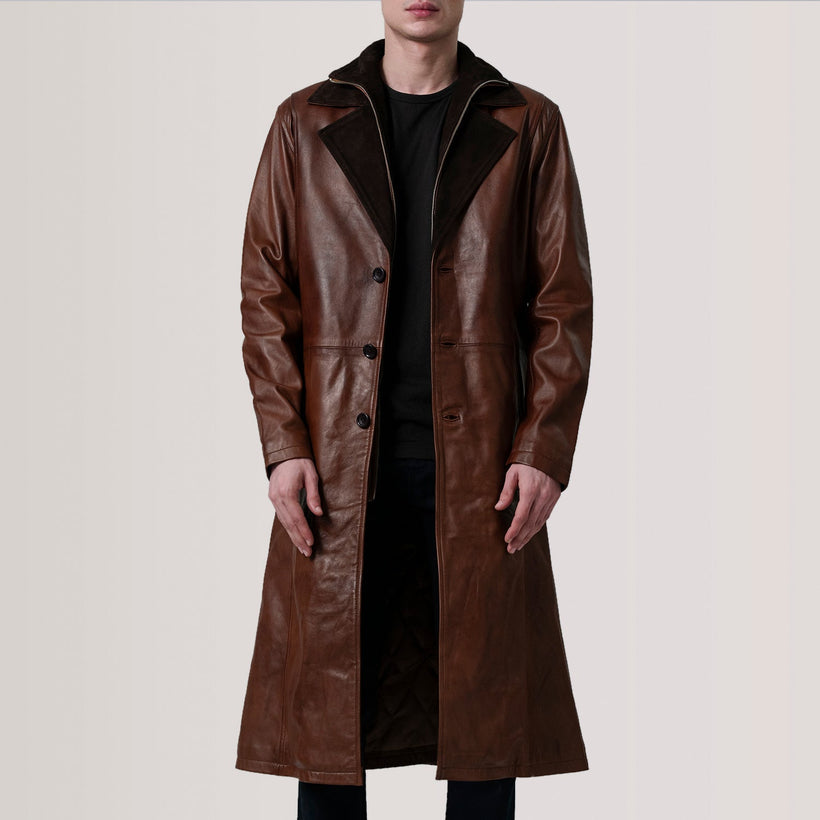 Charlton Waxed Marrone Leather Single Breasted Cappotto in Pelle da Uomo
