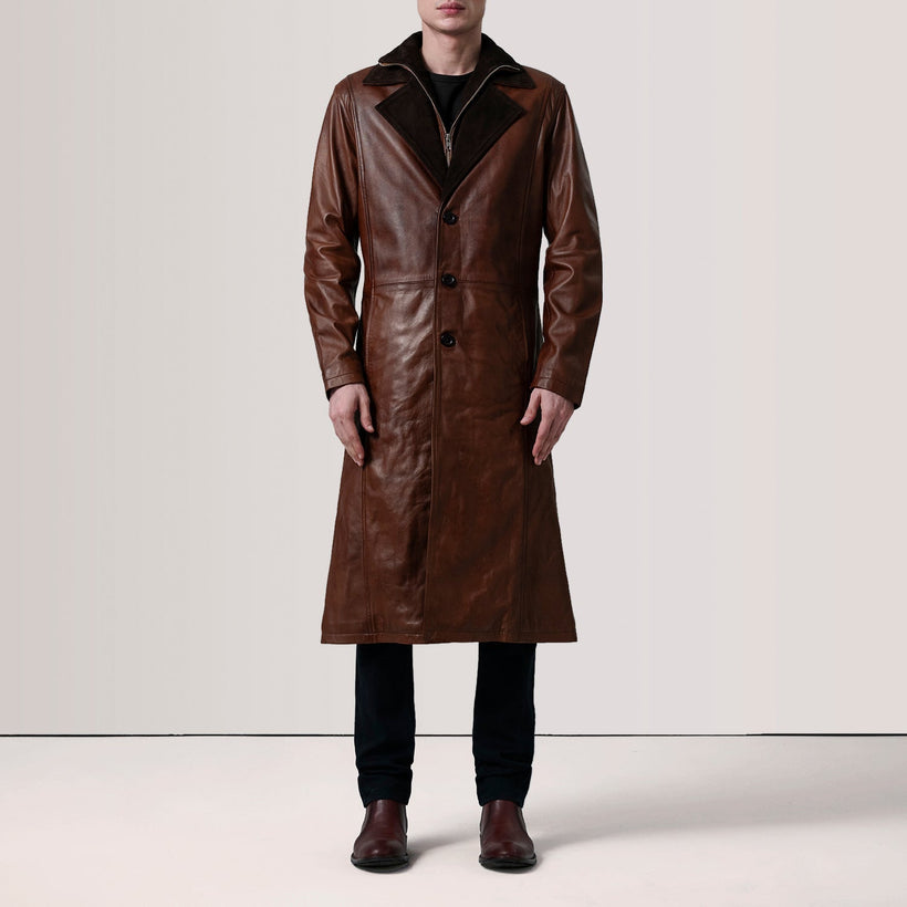 Charlton Waxed Marrone Leather Single Breasted Cappotto in Pelle da Uomo