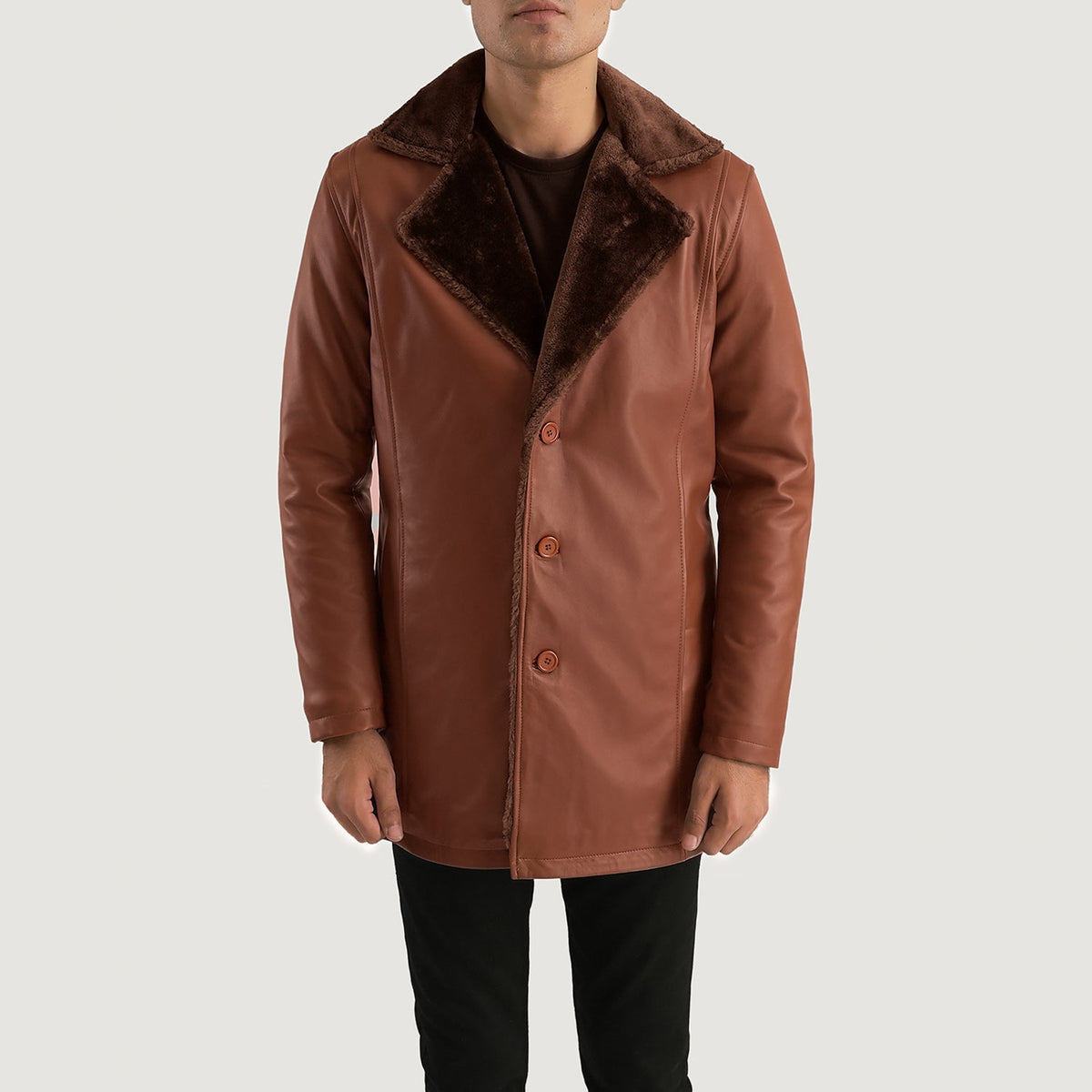 Men's Cinnamon Marrone Leather Fur Cappotto in Pelle da Uomo in Brown Sheepskin Burnishing - Vista frontale e linea su misura | Acquista online
