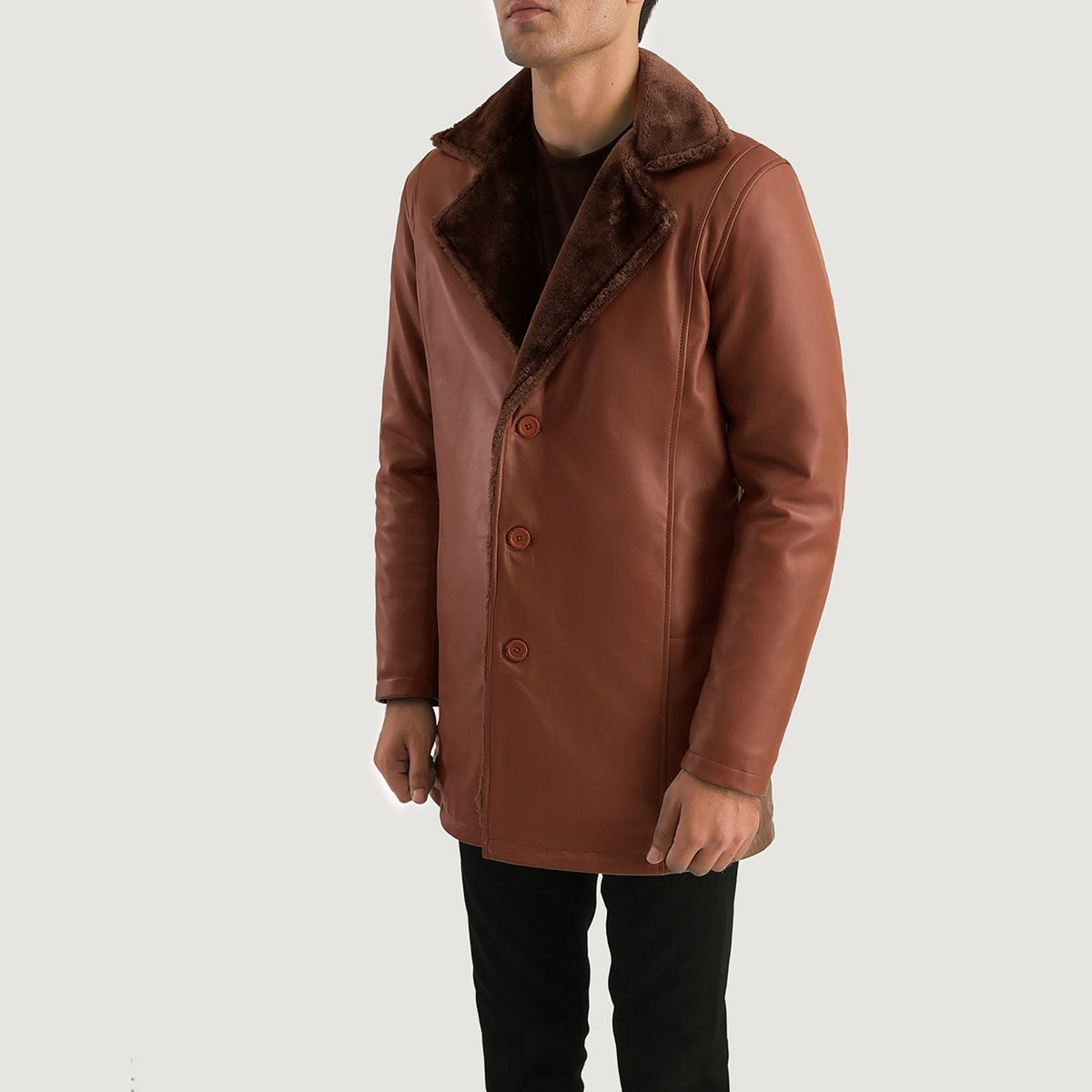 Brown Sheepskin Burnishing Winter Jacket - Vista posteriore Showing Tailored Shoulder Fit &amp; Clean Hemline