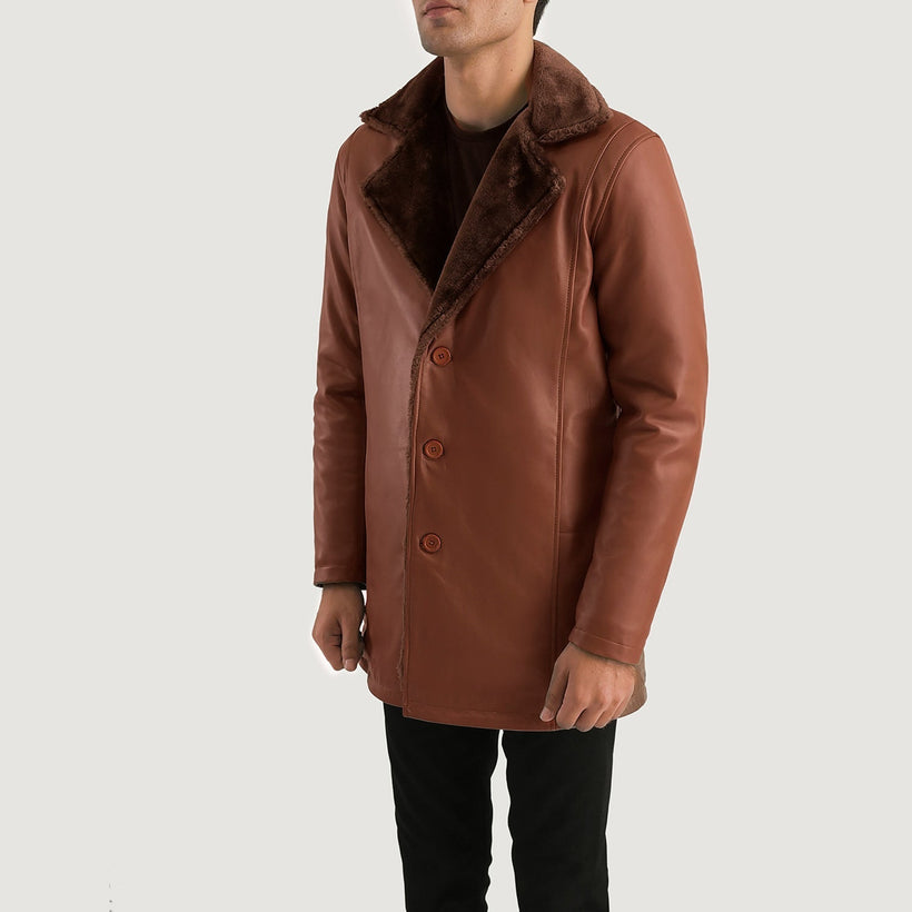 Cinnamon Marrone Leather Fur Cappotto in Pelle da Uomo