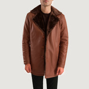 Dettaglio ravvicinato of Shirt &amp; Button Hardware on Men's Cinnamon Marrone Leather Fur Cappotto in Pelle da Uomo
