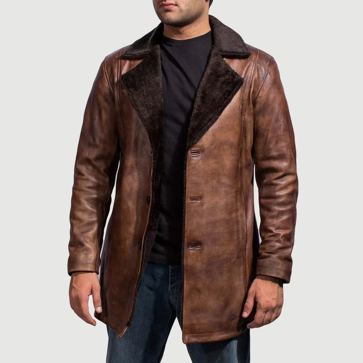 Men's Cinnamon Effetto Usurato Leather Fur Cappotto in Pelle da Uomo in Distressed Brown Sheepskin Burnishing - Vista frontale e linea su misura | Acquista online