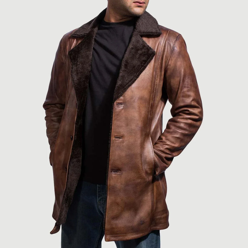 Distressed Brown Sheepskin Burnishing Winter Jacket - Back View Showing Tailored Shoulder Fit & Clean Hemline