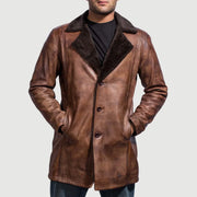 Men's Cinnamon Effetto Usurato Leather Fur Cappotto in Pelle da Uomo - Lateral Side Profile View Showing Sleeve Cut &amp; Athletic Taper Fit