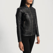 Black Sheepskin Leather Biker Jacket - Vista posteriore Showing Tailored Shoulder Fit &amp; Clean Hemline