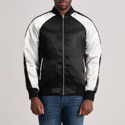 Clarke Nero Varsity Giacca in Pelle da Uomo in Black &amp; White Satin - Vista frontale e linea su misura | Acquista online