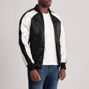 Black &amp; White Satin Varsity Jacket - Vista posteriore Showing Tailored Shoulder Fit &amp; Clean Hemline