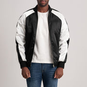 Clarke Nero Varsity Giacca in Pelle da Uomo - Lateral Side Profile View Showing Sleeve Cut &amp; Athletic Taper Fit
