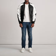 Dettaglio ravvicinato of Varsity &amp; Zipper Hardware on Clarke Nero Varsity Giacca in Pelle da Uomo