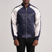 Clarke Blu Varsity Giacca in Pelle da Uomo in Blue &amp; White Satin - Vista frontale e linea su misura | Acquista online