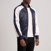 Blue &amp; White Satin Varsity Jacket - Vista posteriore Showing Tailored Shoulder Fit &amp; Clean Hemline