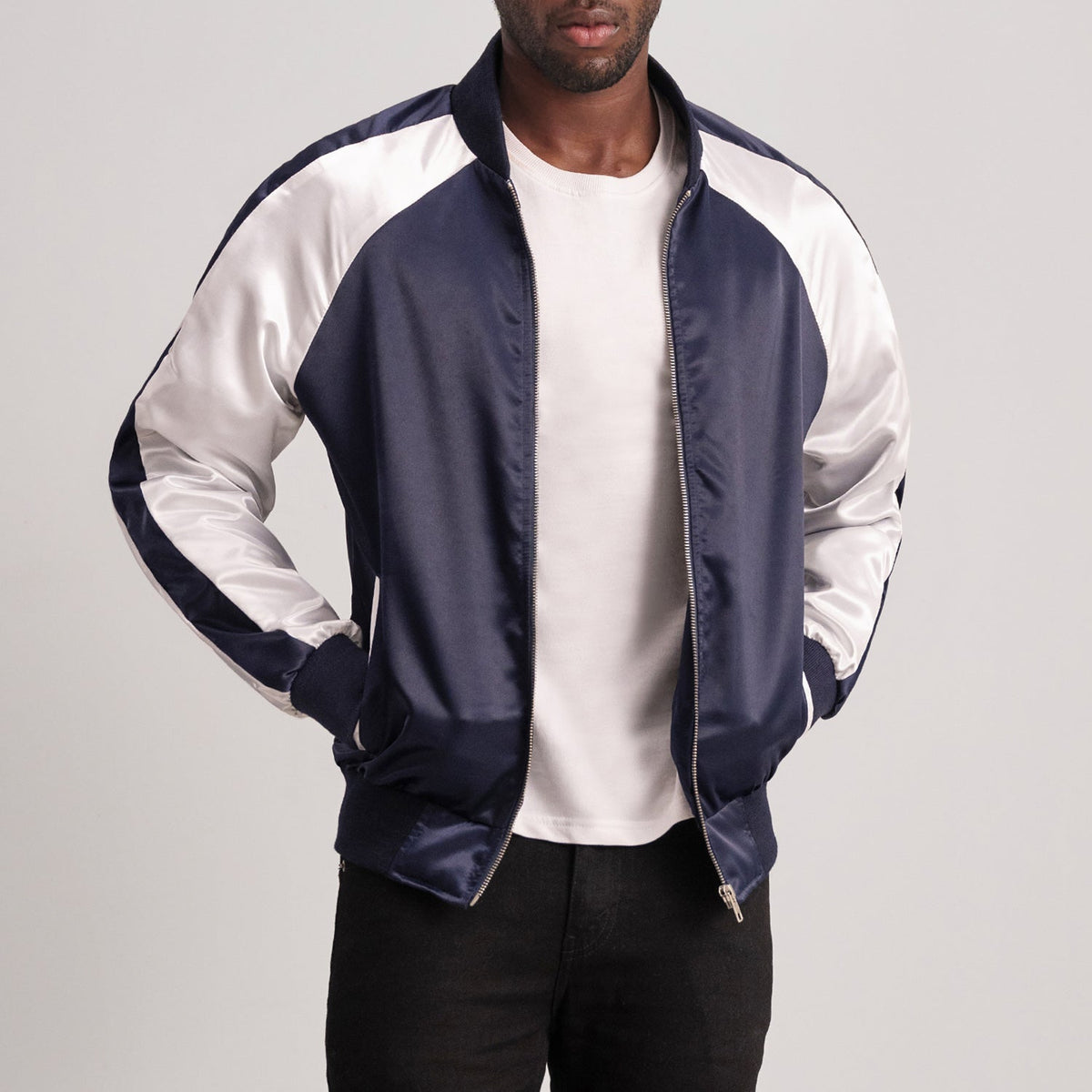 Clarke Blu Varsity Giacca in Pelle da Uomo - Lateral Side Profile View Showing Sleeve Cut &amp; Athletic Taper Fit