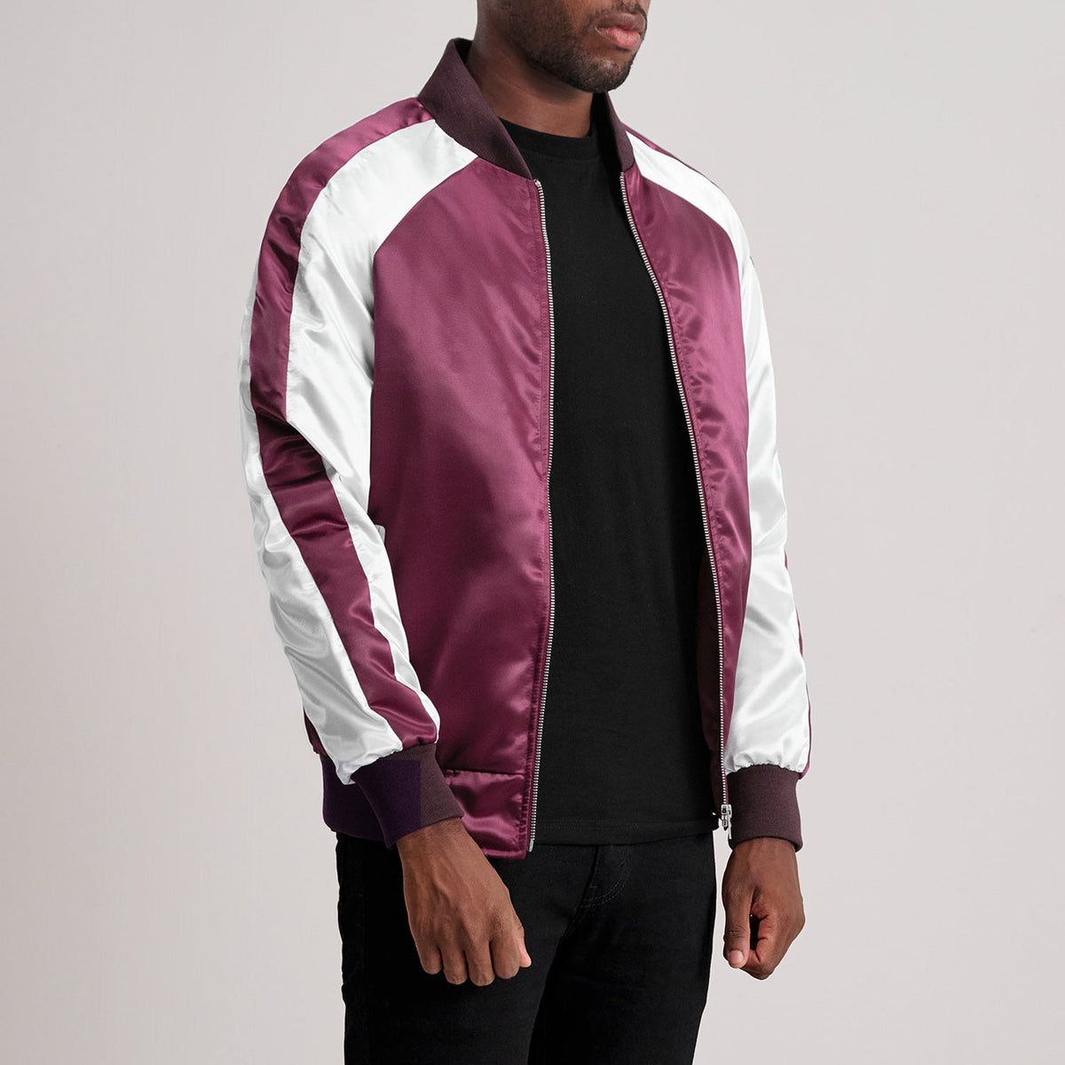 
Maroon & White Satin Aviator Jacket - Vista posteriore con spalle definite e orlo pulito