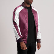 
Maroon & White Satin Aviator Jacket - Vista posteriore con spalle definite e orlo pulito
