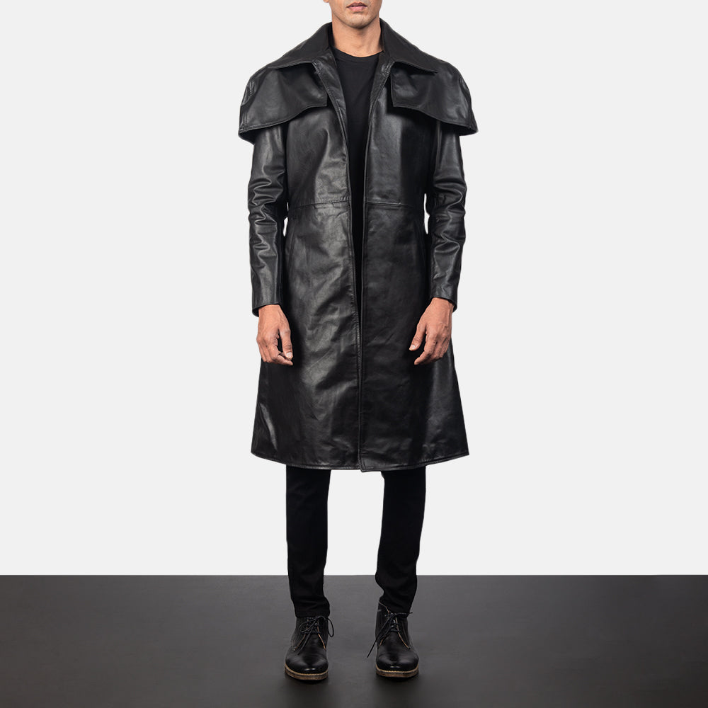 Men's Classic Nero Leather Duster da Uomo in Black Cowhide Leather - Vista frontale e linea su misura | Acquista online