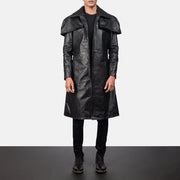 Men's Classic Nero Leather Duster da Uomo in Black Cowhide Leather - Vista frontale e linea su misura | Acquista online