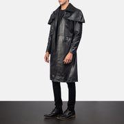 Black Cowhide Leather Trench Coat - Vista posteriore Showing Tailored Shoulder Fit &amp; Clean Hemline