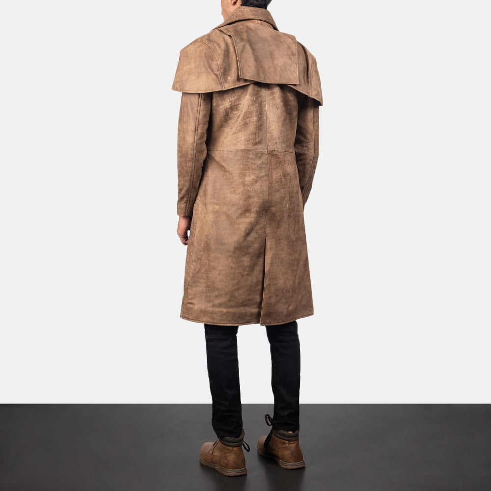 Men's Classic Marrone Leather Duster da Uomo - Lateral Side Profile View Showing Sleeve Cut &amp; Athletic Taper Fit