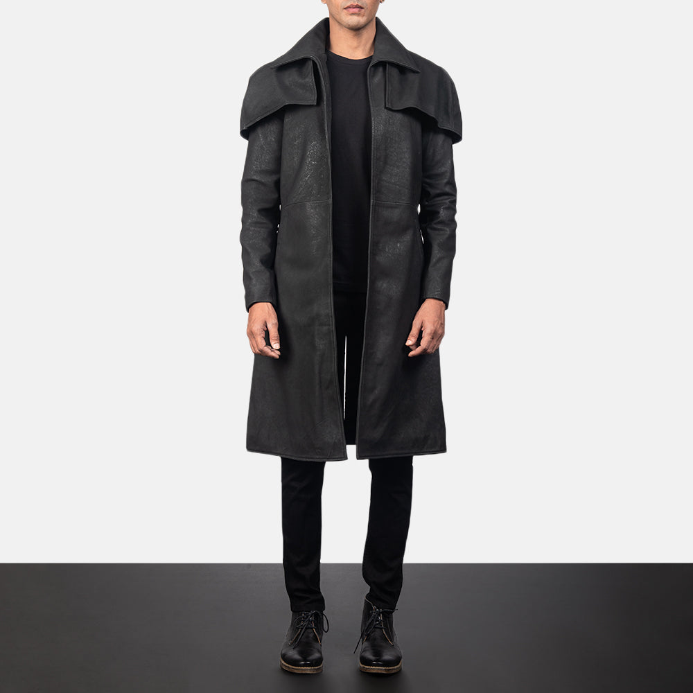 Men's Classic Effetto Usurato Nero Leather Duster da Uomo in Distressed Black Sheepskin Snuffed - Vista frontale e linea su misura | Acquista online