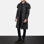 Distressed Black Sheepskin Snuffed Trench Coat - Vista posteriore Showing Tailored Shoulder Fit &amp; Clean Hemline