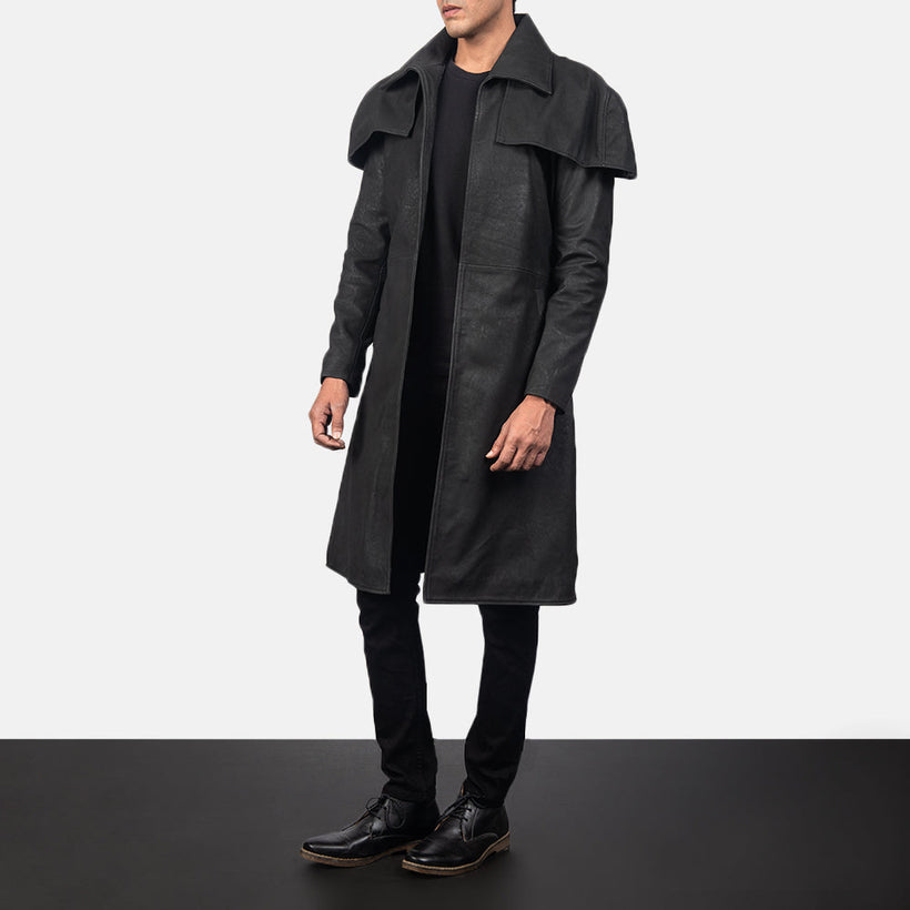 Classic Effetto Usurato Nero Leather Duster da Uomo