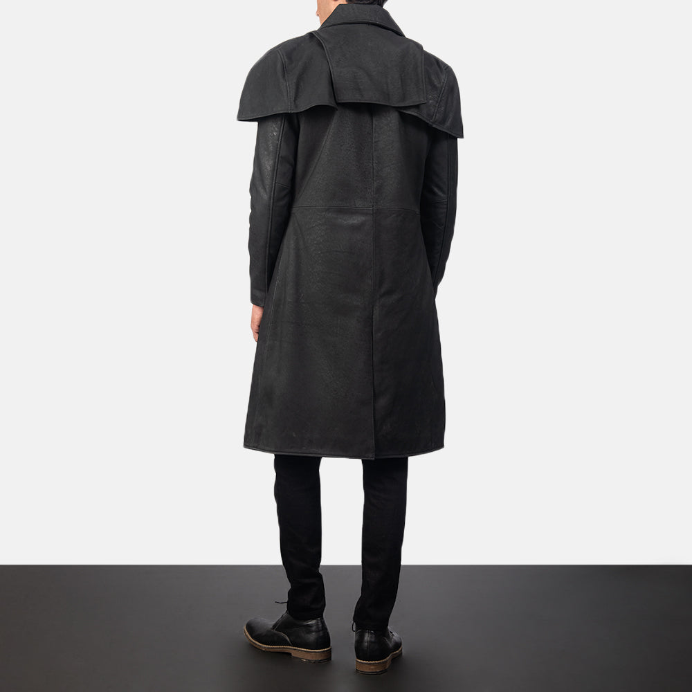 Men's Classic Effetto Usurato Nero Leather Duster da Uomo - Lateral Side Profile View Showing Sleeve Cut &amp; Athletic Taper Fit