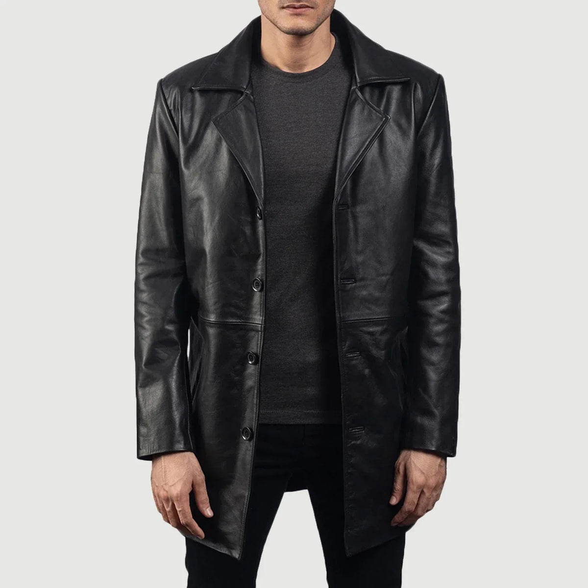 Men's Classmith Black Leather Coat in Black Cowhide Leather - Vista frontale e linea su misura | Acquista online