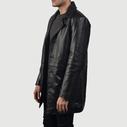 Black Cowhide leather Coat - Vista posteriore Showing Tailored Shoulder Fit &amp; Clean Hemline