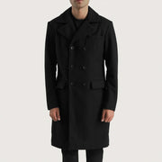 Men's Claud Black Wool Double Breasted Coat in Black Synthetic Wool - Vista frontale e linea su misura | Acquista online