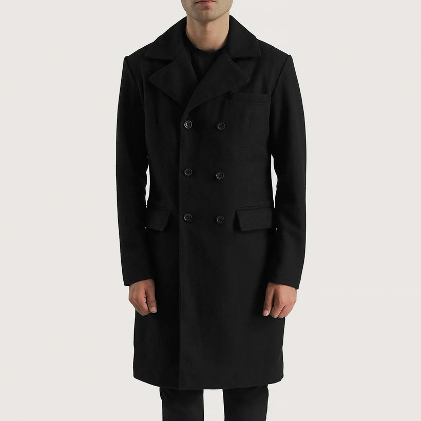 Claud Nero Wool Double-Breasted Cappotto in Pelle da Uomo