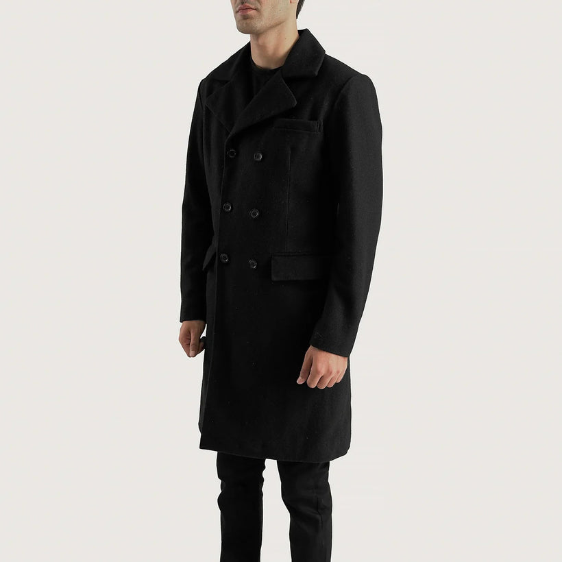 Claud Nero Wool Double-Breasted Cappotto in Pelle da Uomo