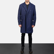 Men's Blue Wool Double Breasted Coat in Navy Blue Synthetic Wool - Vista frontale e linea su misura | Acquista online