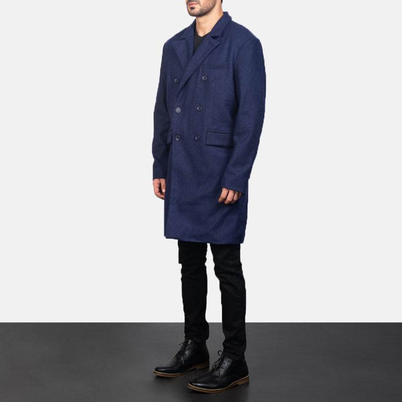 Claud Blu Wool Double-Breasted Cappotto in Pelle da Uomo